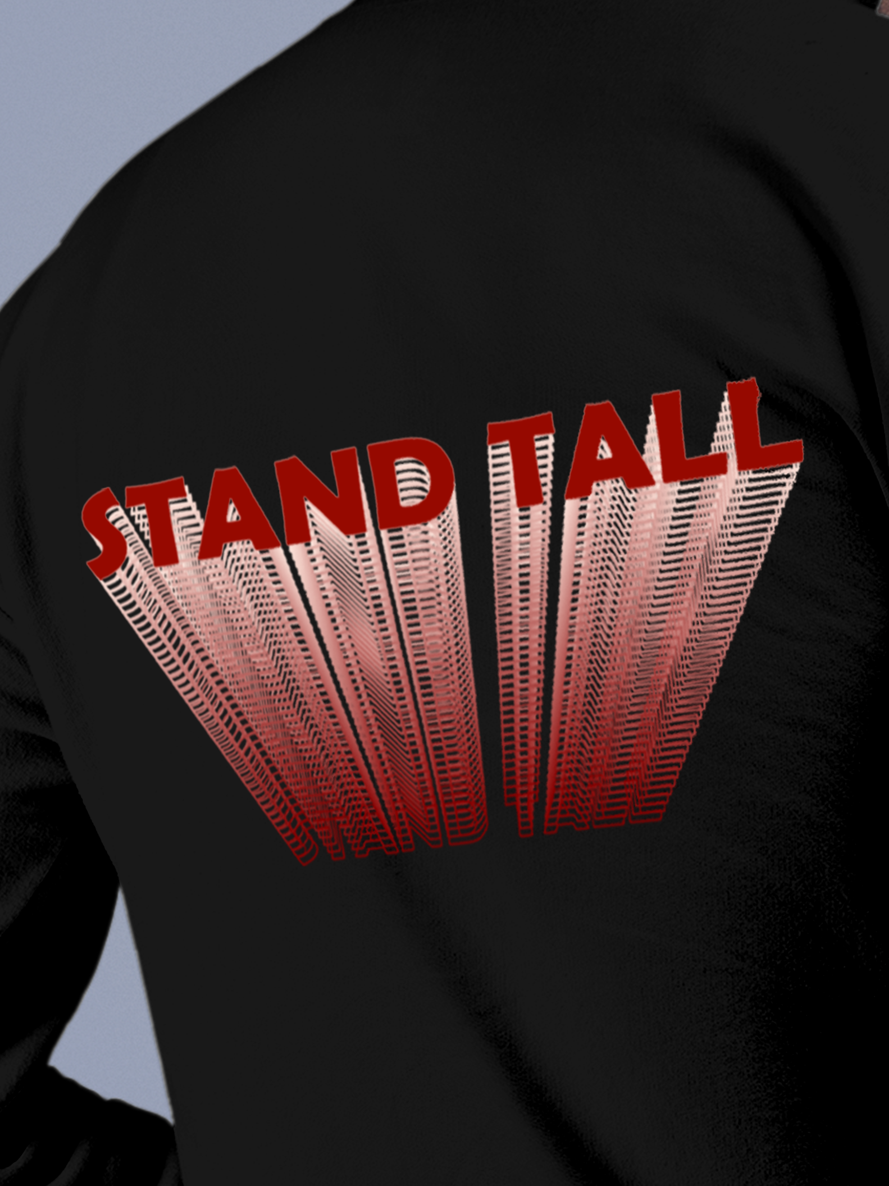 Close up of 'Stand Tall' design on Men's Black Hoodie Sweatshirt, highlighting intricate details and vibrant print.