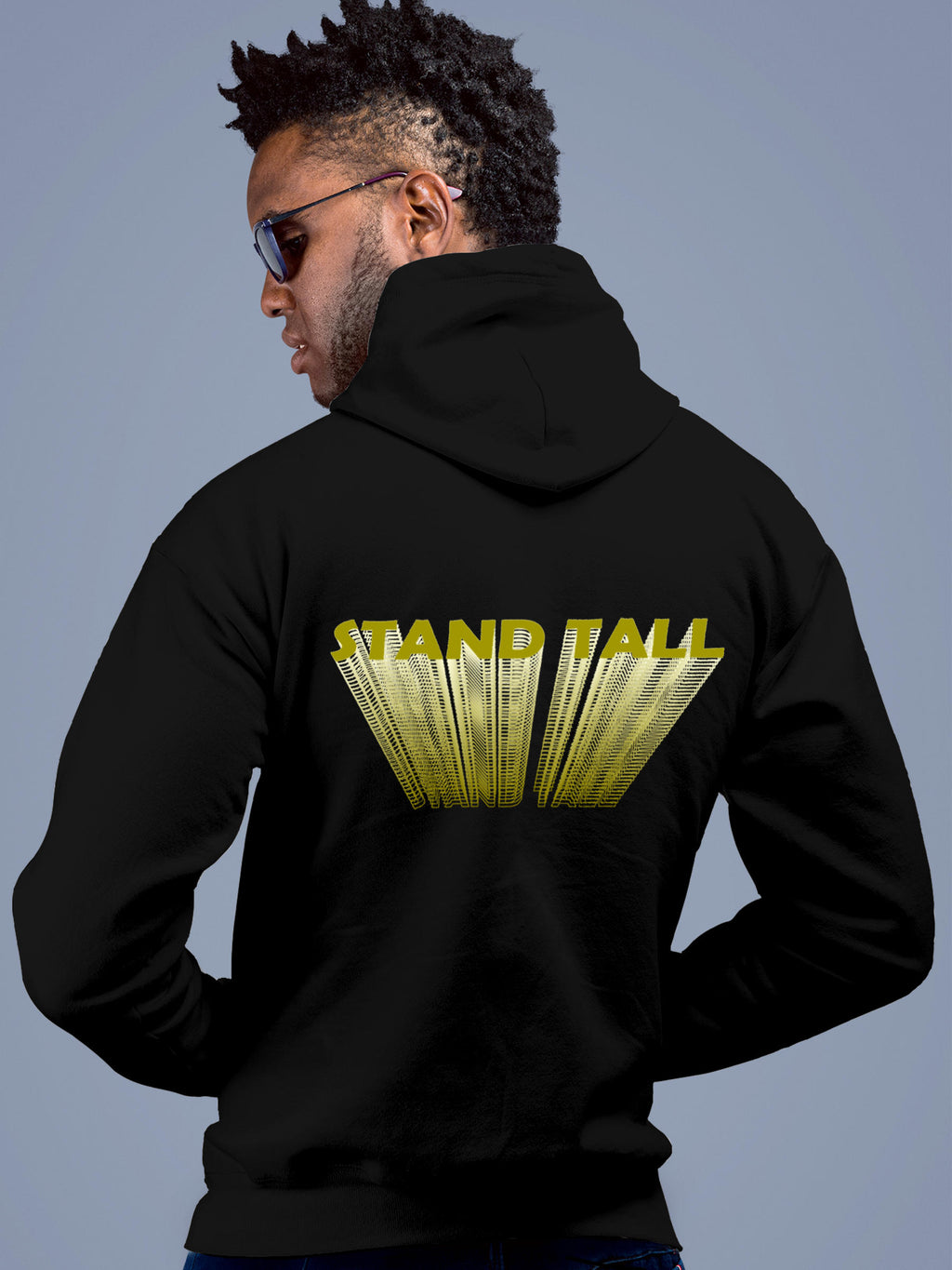 Model wearing Men's Black Hoodie Sweatshirt with 'Stand Tall' design, offering effortless style and premium comfort