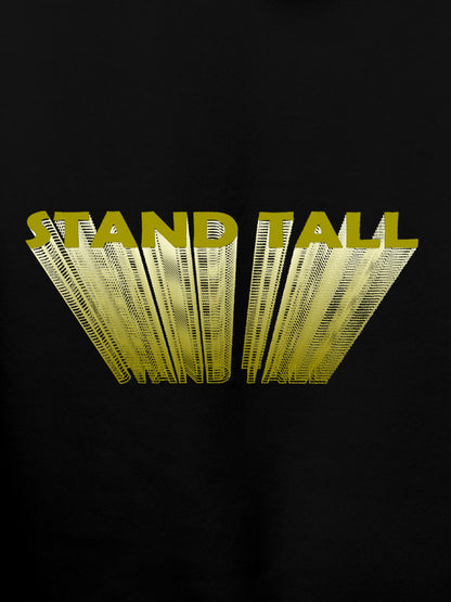 Close up of 'Stand Tall' design on Men's Black Hoodie Sweatshirt, highlighting intricate details and vibrant print.
