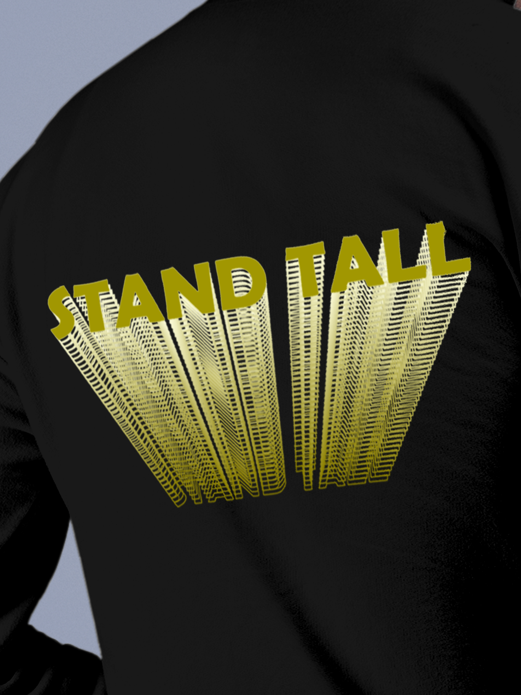 Close up of 'Stand Tall' design on Men's Black Hoodie Sweatshirt, highlighting intricate details and vibrant print.