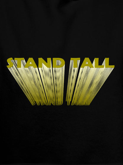 Close up of 'Stand Tall' design on Women's Black Hoodie Sweatshirt, highlighting intricate details and vibrant print.