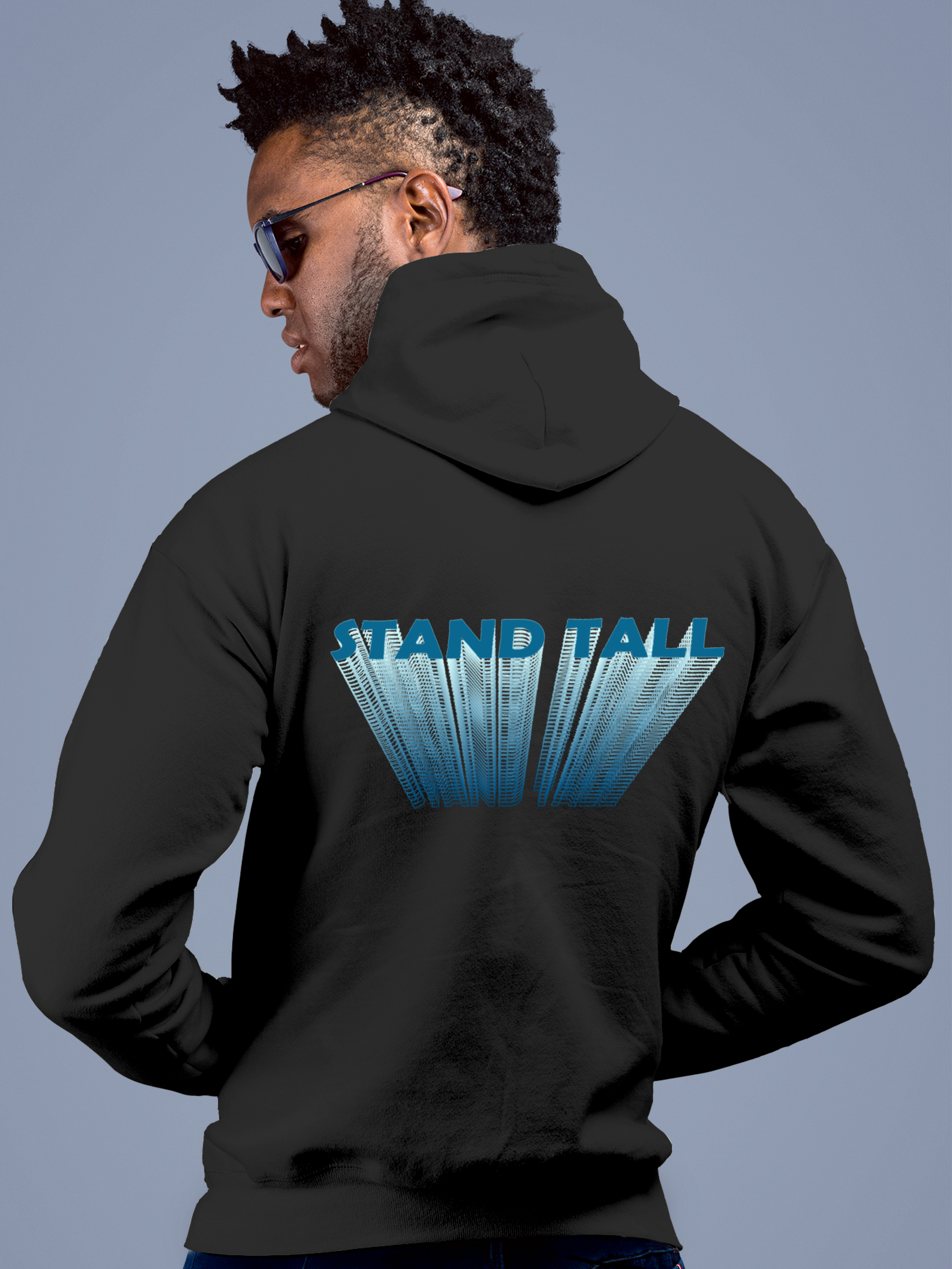 Model wearing Men's Charcoal Grey Hoodie Sweatshirt with 'Stand Tall' design, offering effortless style and premium comfort