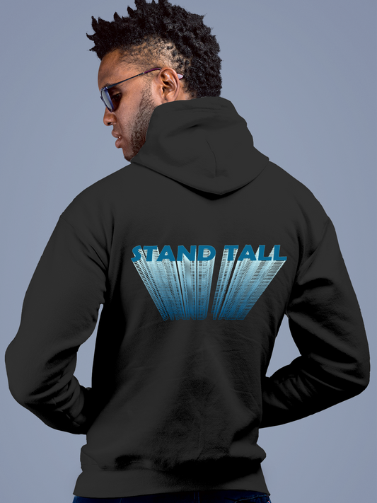 Fighterhero Hoodie Collection: Model wearing Men's Charcoal Grey Hoodie Sweatshirt with 'Stand Tall' design