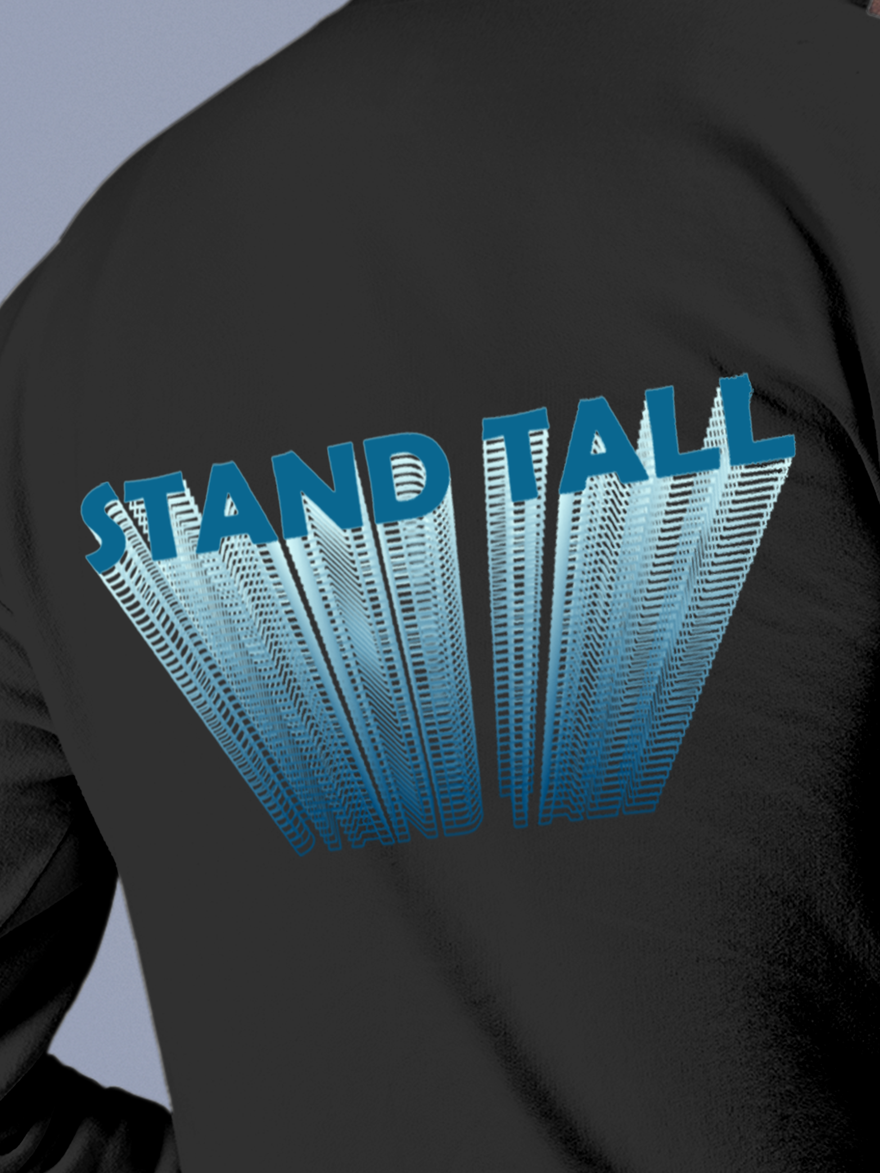 Close up of 'Stand Tall' design on Men's Charcoal Grey Hoodie Sweatshirt, highlighting intricate details and vibrant print.