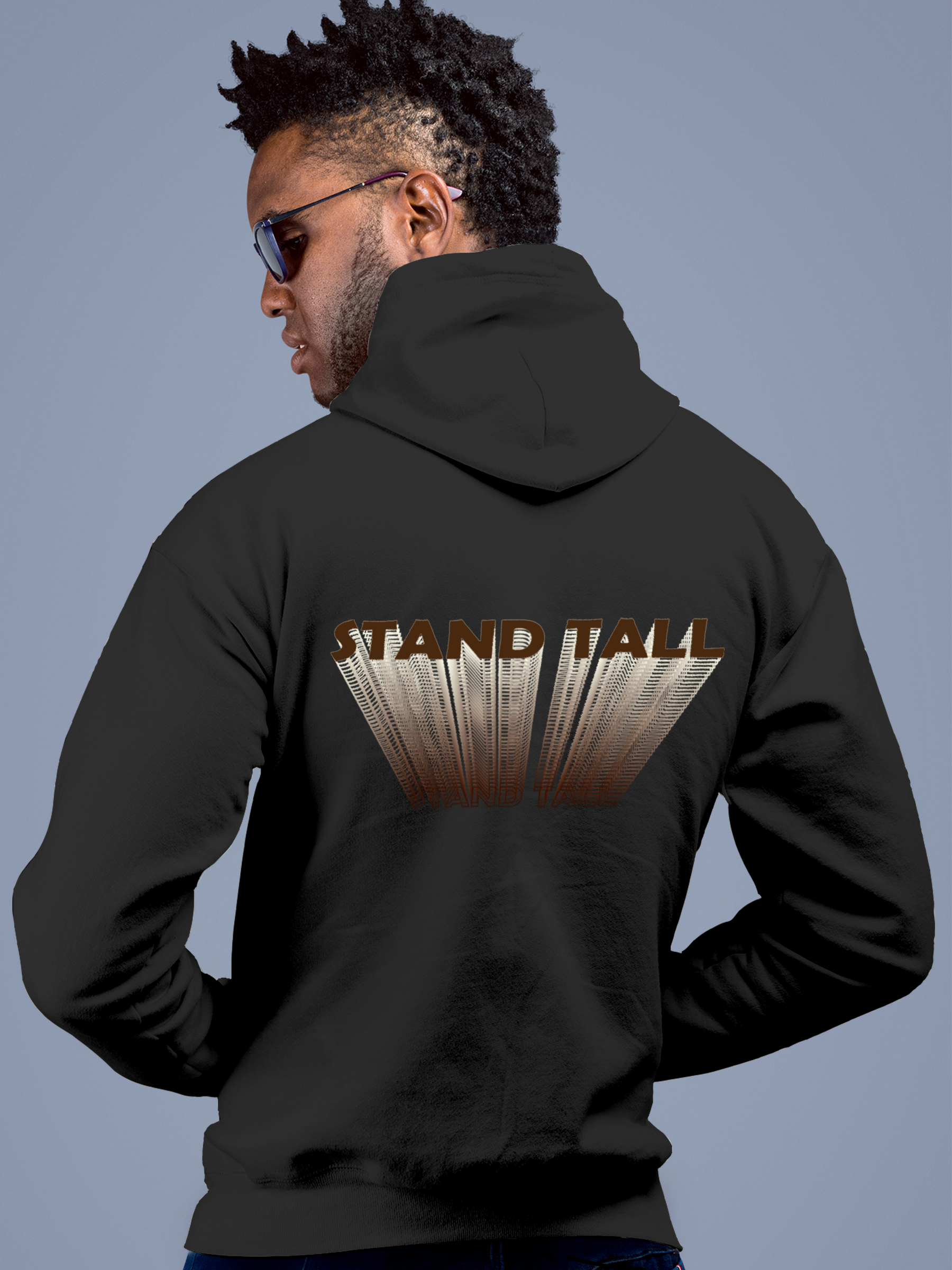 Model wearing Men's Charcoal Grey Hoodie Sweatshirt with 'Stand Tall' design, offering effortless style and premium comfort