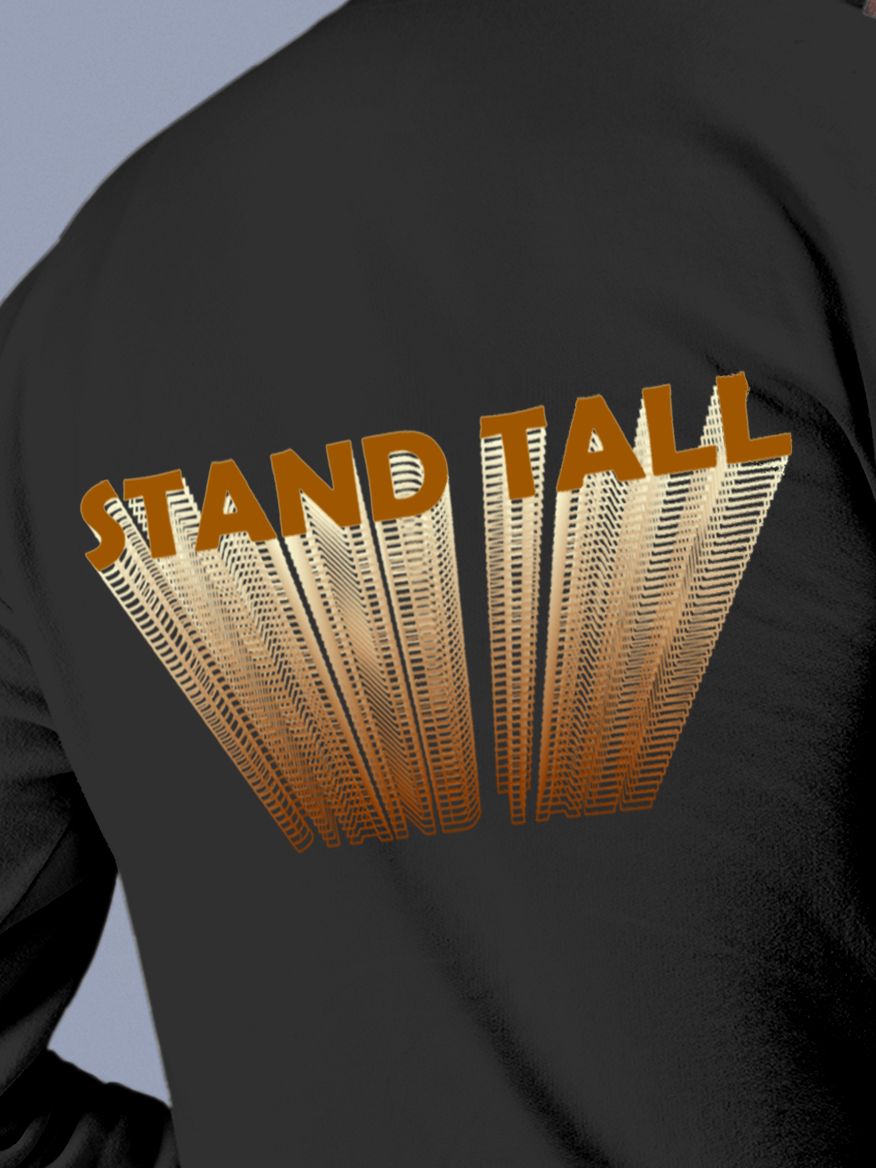 Close up of 'Stand Tall' design on Men's Charcoal Grey Hoodie Sweatshirt, highlighting intricate details and vibrant print.