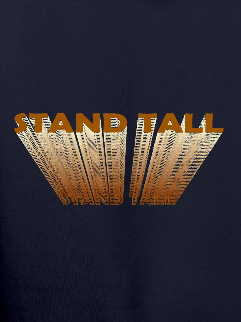 Close up of 'Stand Tall' design on Men's Navy Blue Hoodie Sweatshirt, highlighting intricate details and vibrant print.