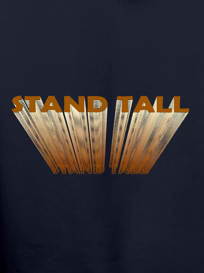 Close up of 'Stand Tall' design on Men's Navy Blue Hoodie Sweatshirt, highlighting intricate details and vibrant print.