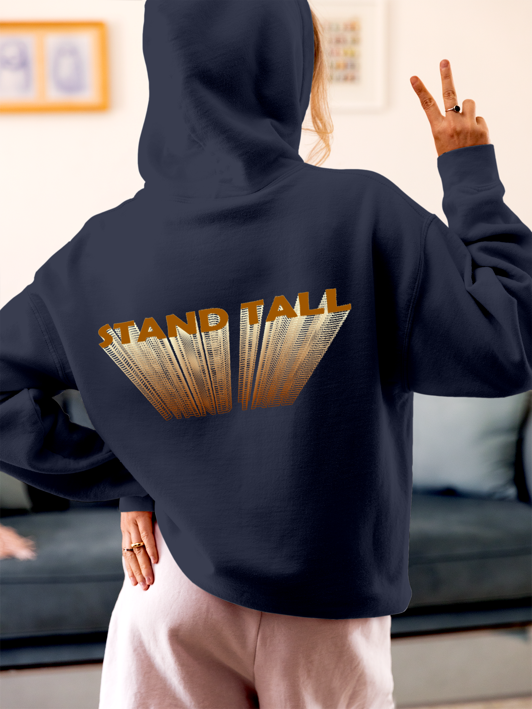 Model wearing Women's Navy Blue Hoodie Sweatshirt with 'Stand Tall' design, offering effortless style and premium comfort