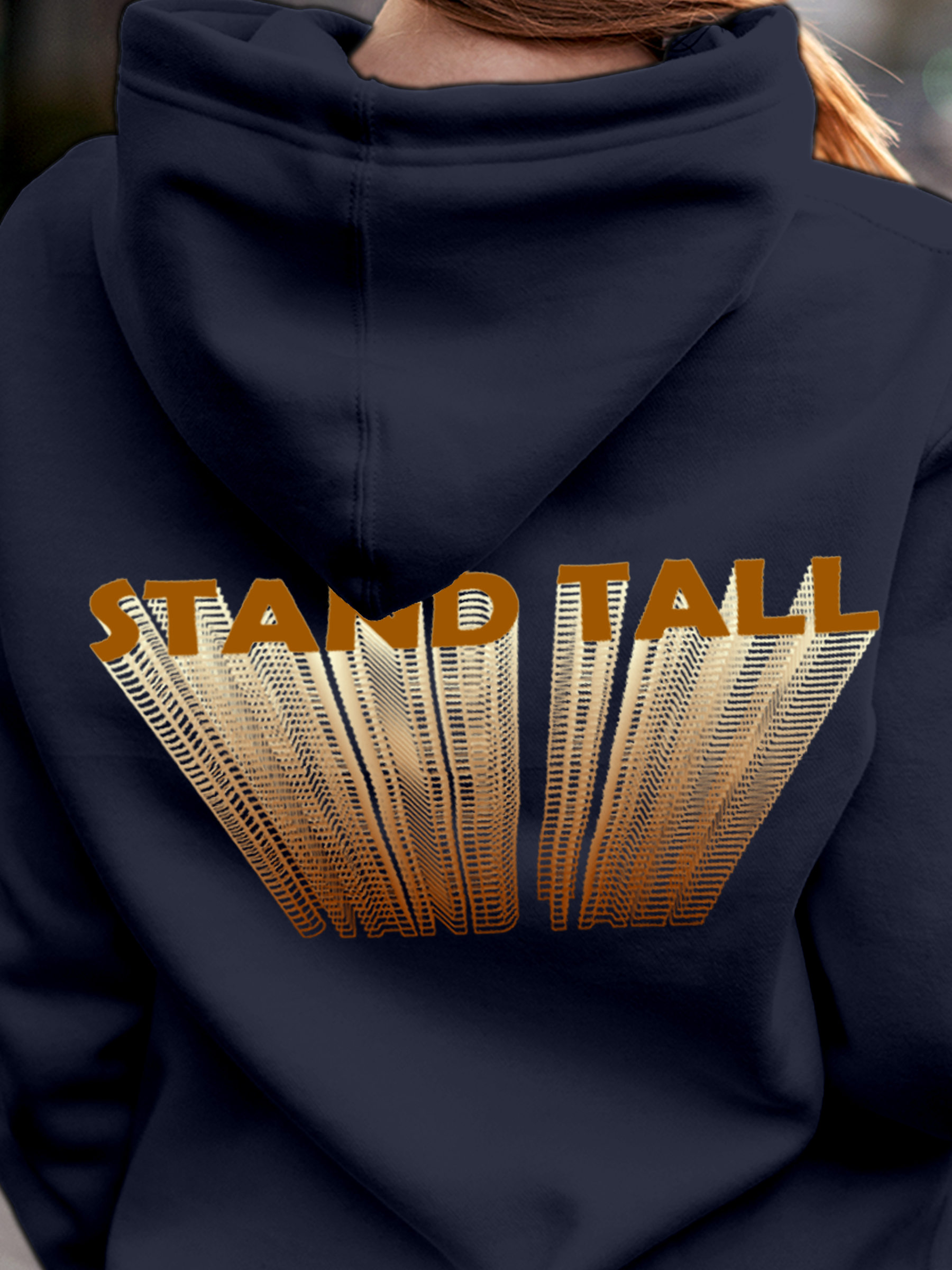 Close up of 'Stand Tall' design on Women's Navy Blue Hoodie Sweatshirt, highlighting intricate details and vibrant print.