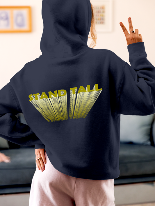 Fighterhero Hoodie Collection: Model wearing Women's Navy Blue Hoodie Sweatshirt with 'Stand Tall' design