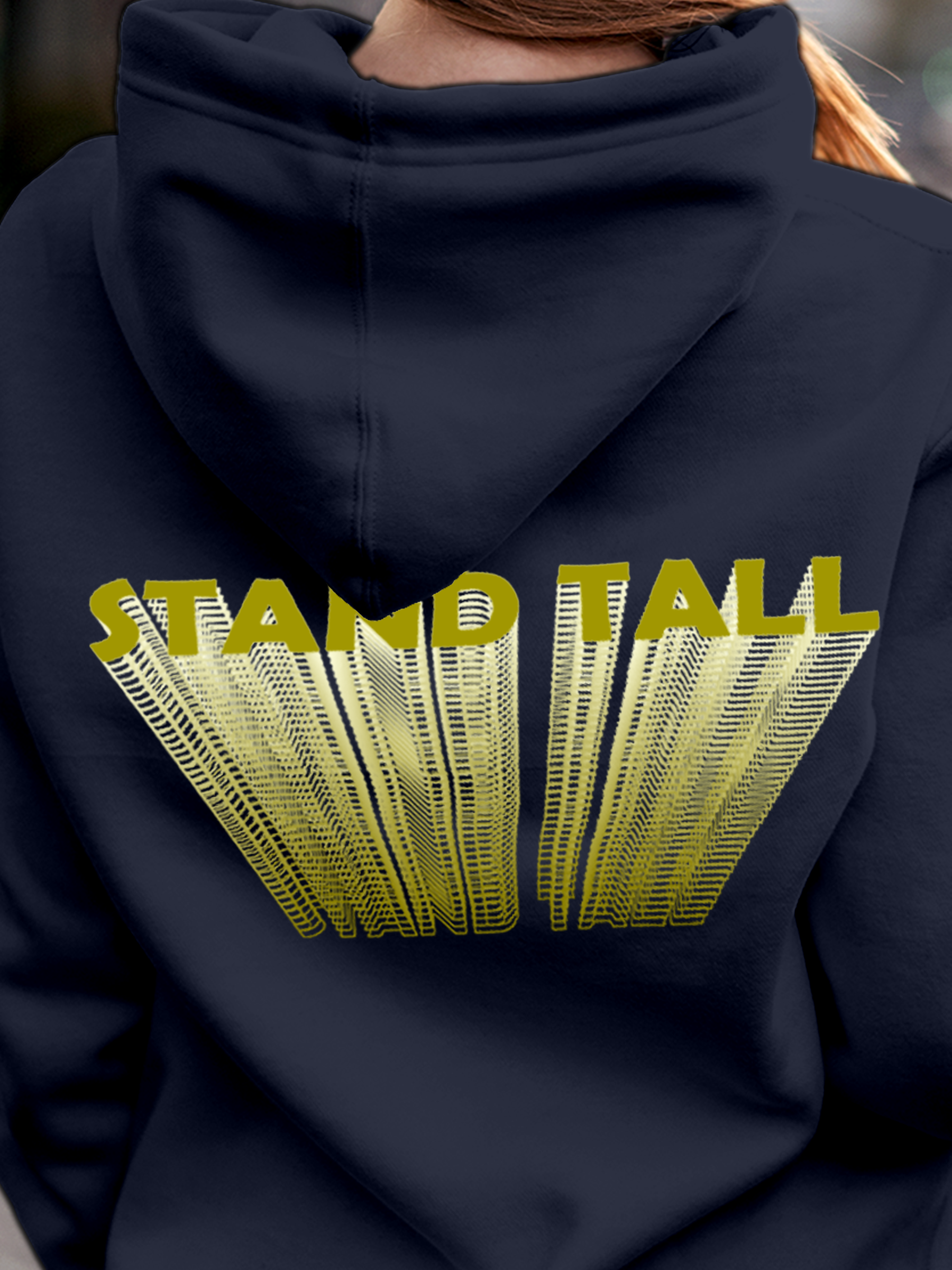 Close up of 'Stand Tall' design on Women's Navy Blue Hoodie Sweatshirt, highlighting intricate details and vibrant print.
