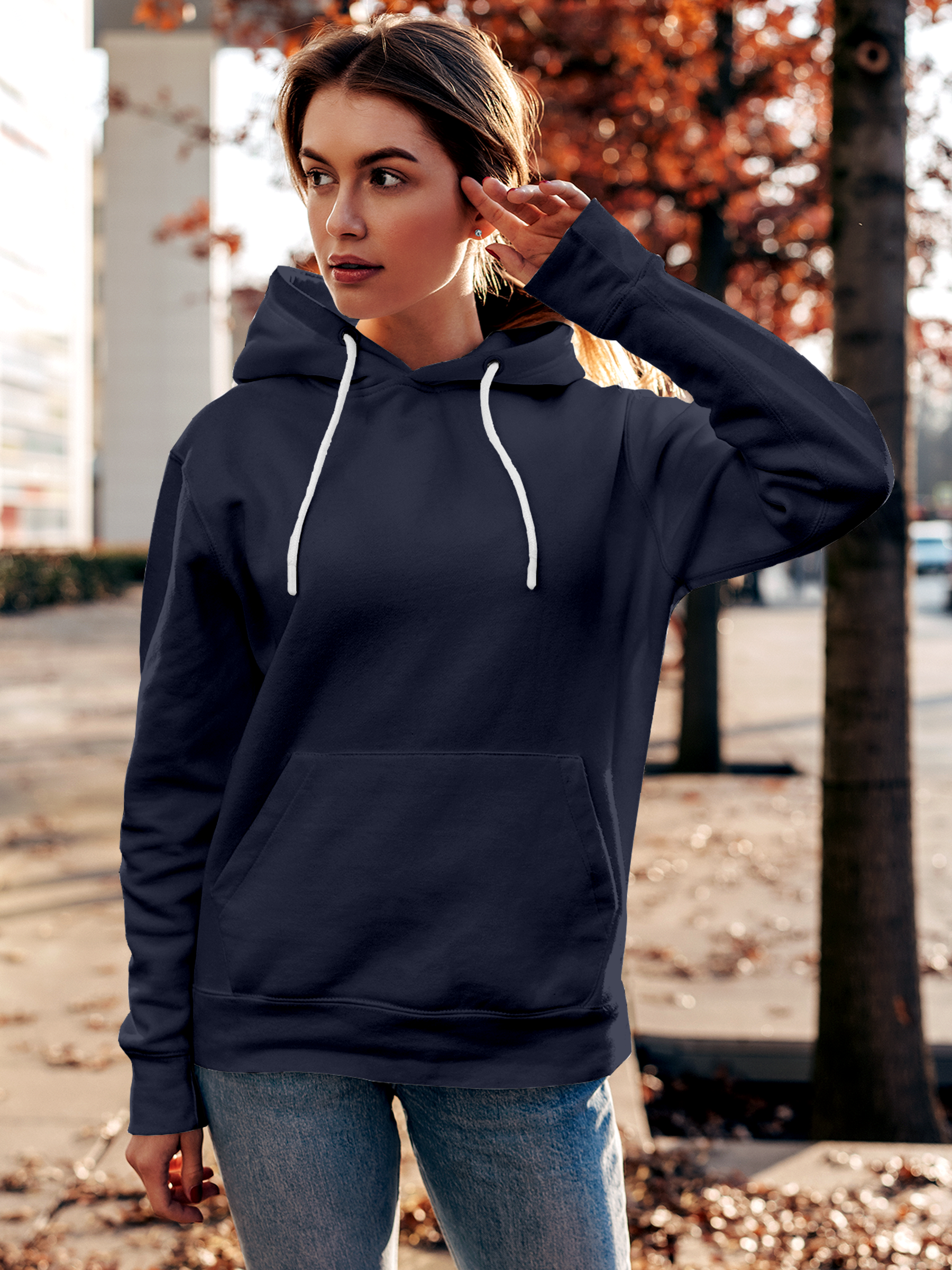 Front view of Fighterhero Women's Navy Blue Hoodie Sweatshirt, highlighting the modern look and clean finish
