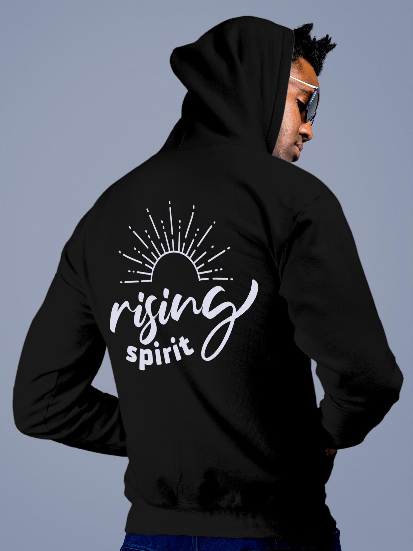 Model wearing Men's Black Hoodie Sweatshirt with 'Rising Spirit' design, offering effortless style and premium comfort