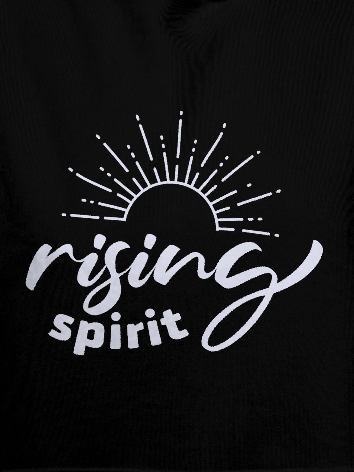 Close up of 'Rising Spirit' design on Men's Black Hoodie Sweatshirt, highlighting intricate details and vibrant print.