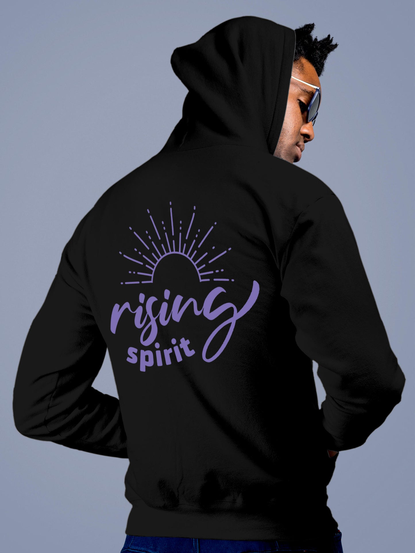 Model wearing Men's Black Hoodie Sweatshirt with 'Rising Spirit' design, offering effortless style and premium comfort