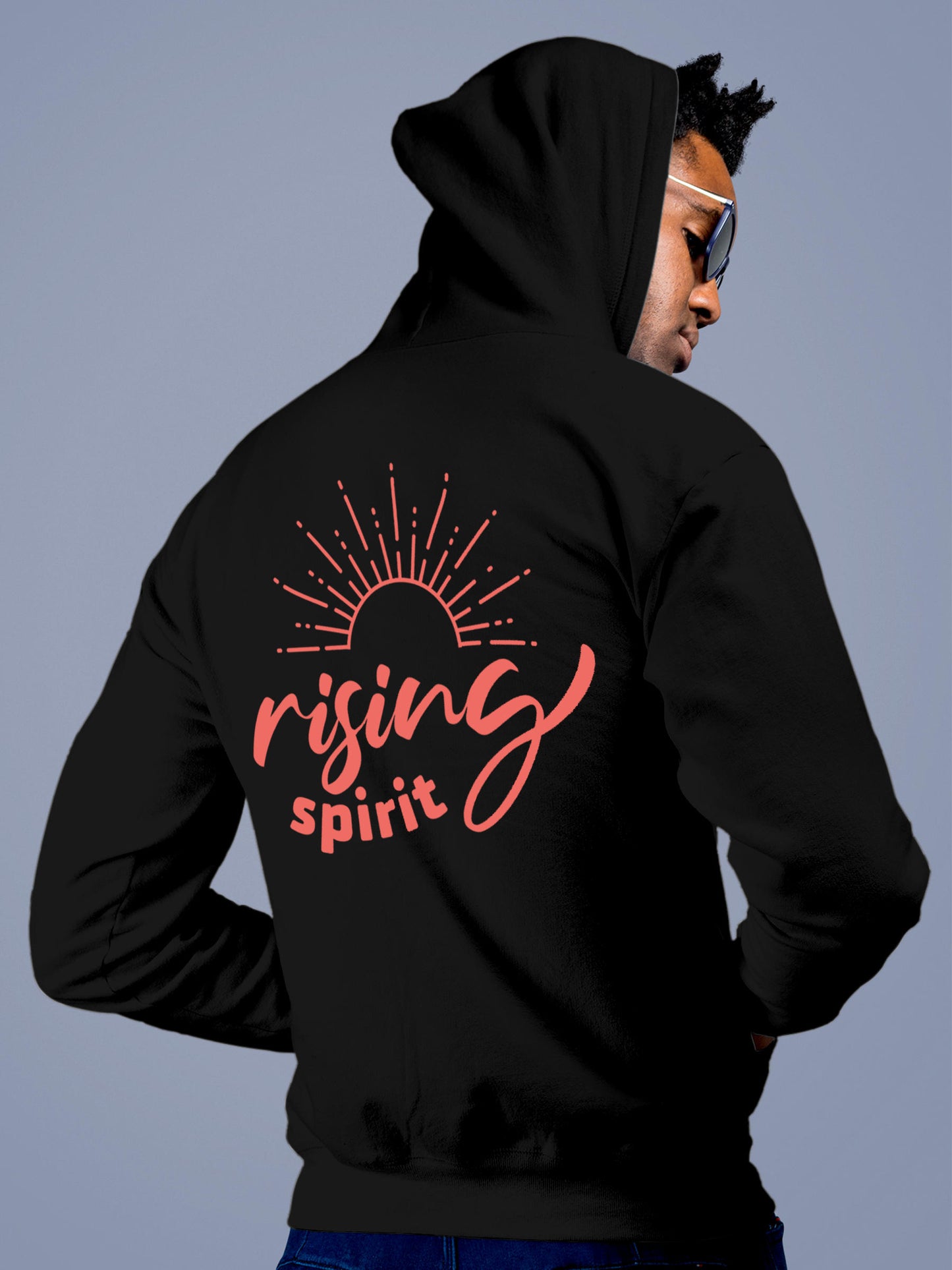 Model wearing Men's Black Hoodie Sweatshirt with 'Rising Spirit' design, offering effortless style and premium comfort