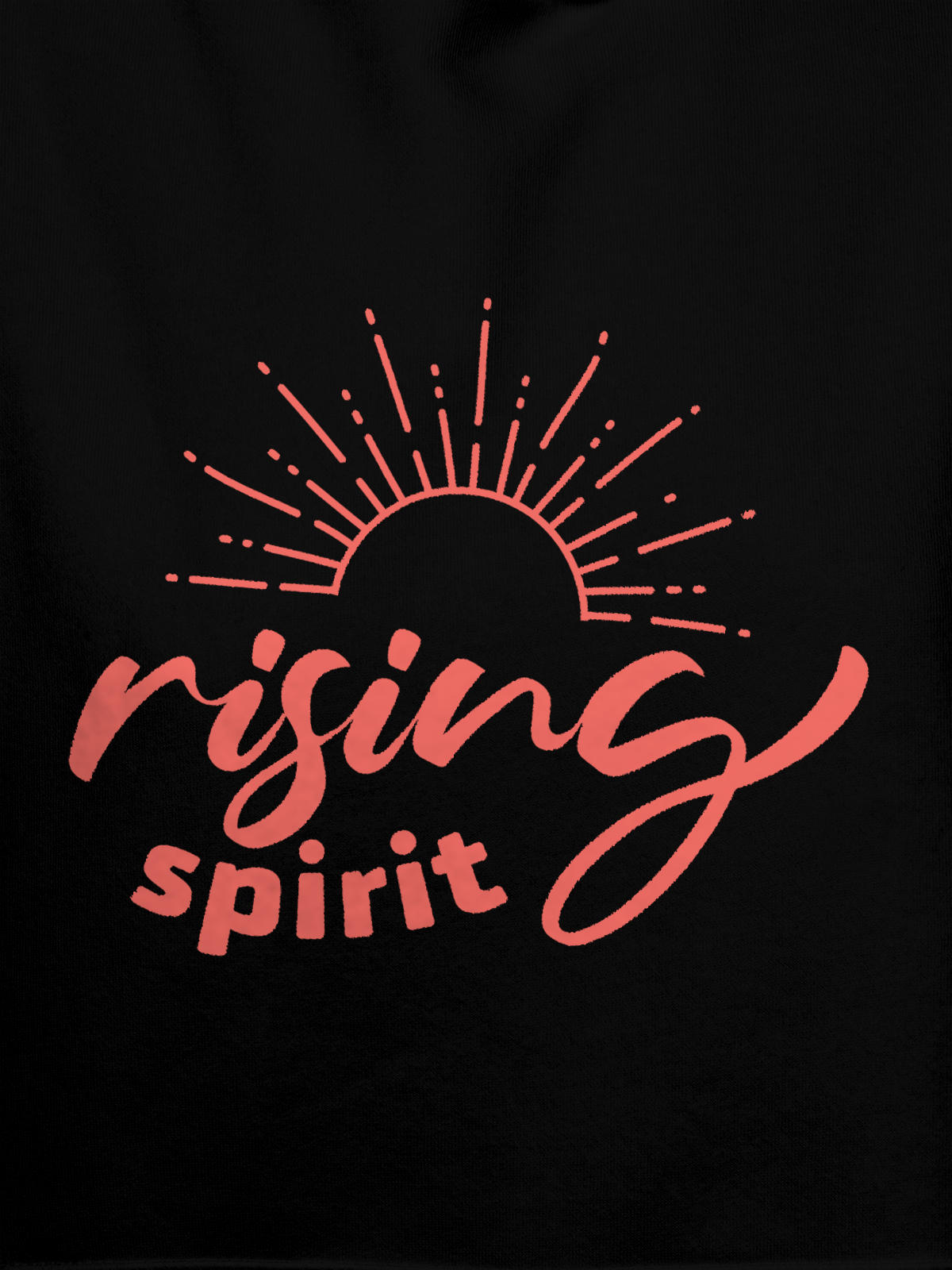 Close up of 'Rising Spirit' design on Men's Black Hoodie Sweatshirt, highlighting intricate details and vibrant print.