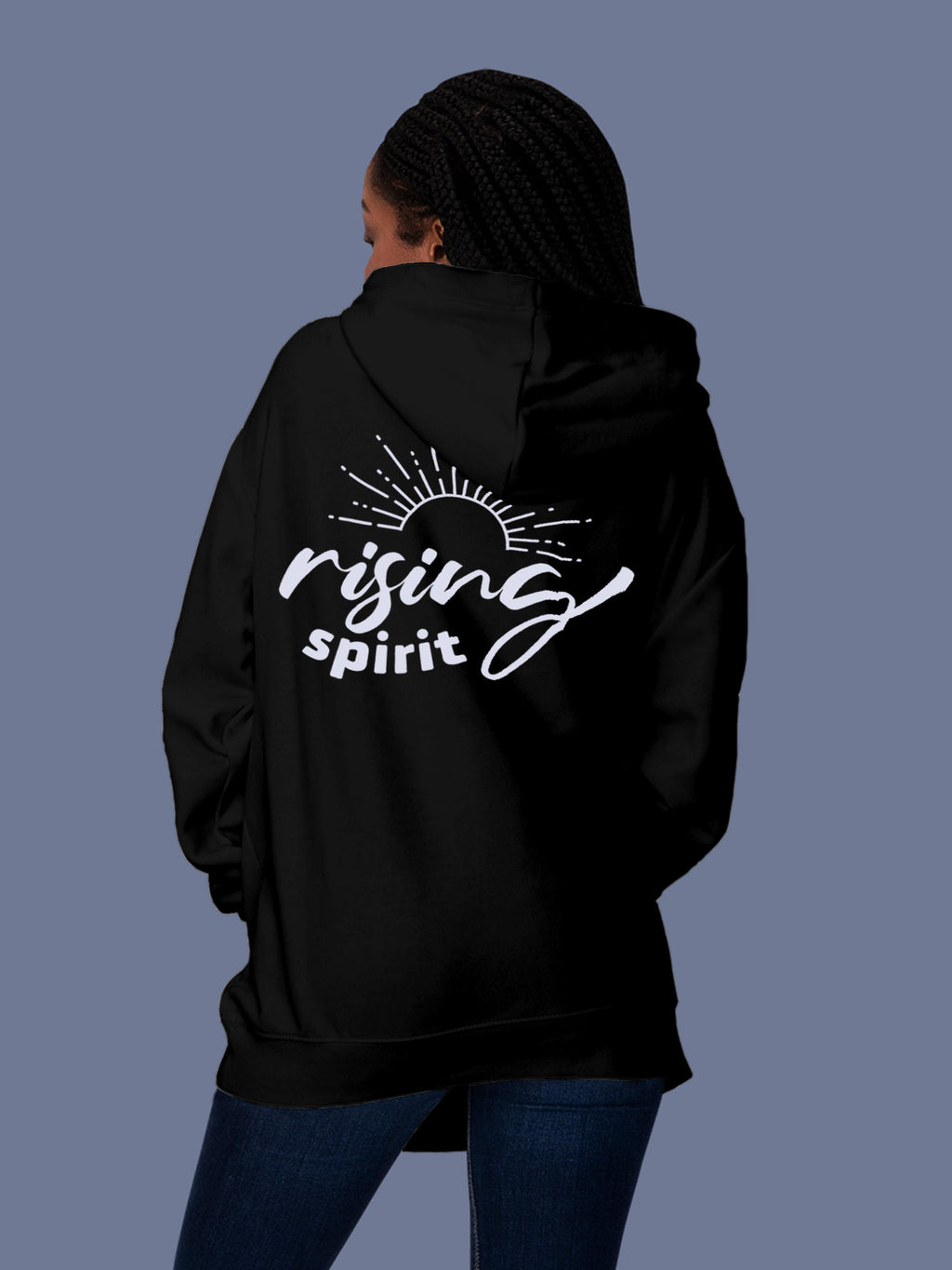 Model wearing Women's Black Hoodie Sweatshirt with 'Rising Spirit' design, offering effortless style and premium comfort