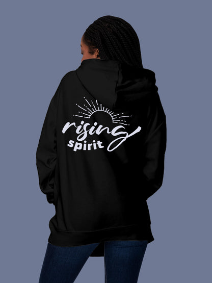 Model wearing Women's Black Hoodie Sweatshirt with 'Rising Spirit' design, offering effortless style and premium comfort