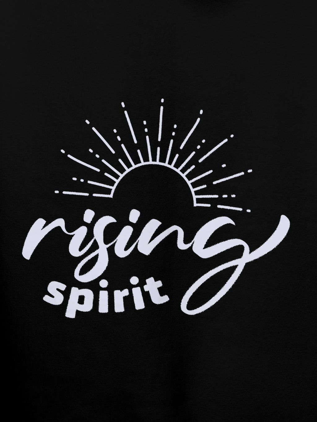 Close up of 'Rising Spirit' design on Women's Black Hoodie Sweatshirt, highlighting intricate details and vibrant print.
