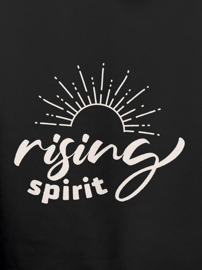 Close up of 'Rising Spirit' design on Women's Dark Grey Hoodie Sweatshirt, highlighting intricate details and vibrant print.