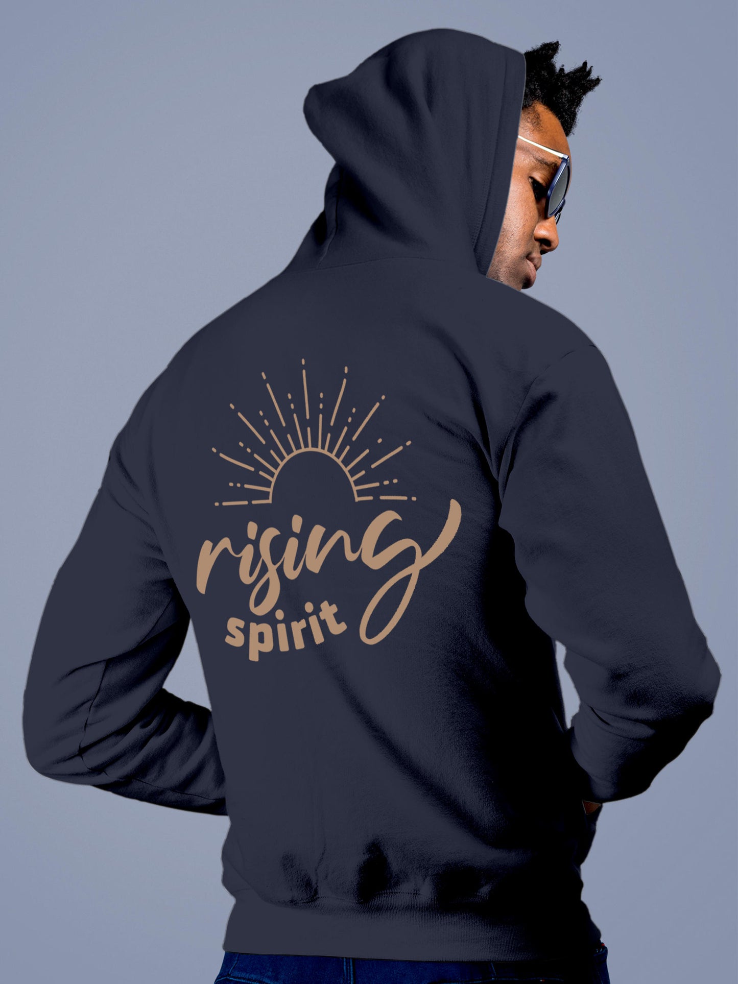 Model wearing Men's Navy Blue Hoodie Sweatshirt with 'Rising Spirit' design, offering effortless style and premium comfort