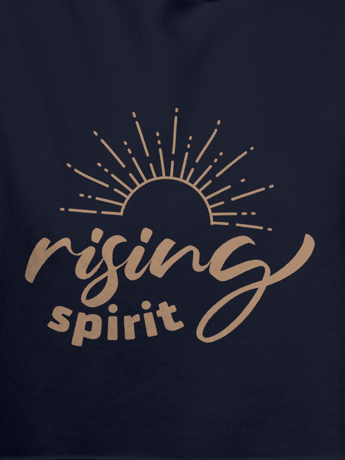Close up of 'Rising Spirit' design on Men's Navy Blue Hoodie Sweatshirt, highlighting intricate details and vibrant print.