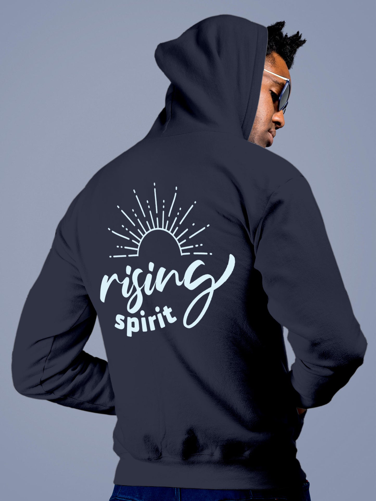 Model wearing Men's Navy Blue Hoodie Sweatshirt with 'Rising Spirit' design, offering effortless style and premium comfort