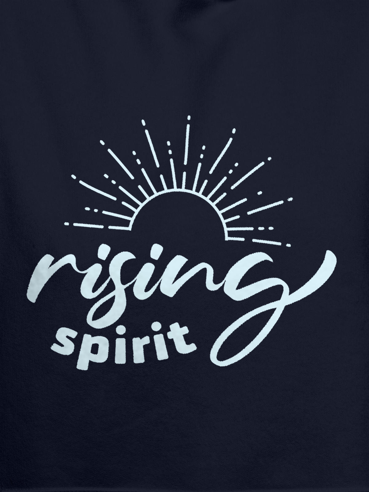 Close up of 'Rising Spirit' design on Men's Navy Blue Hoodie Sweatshirt, highlighting intricate details and vibrant print.