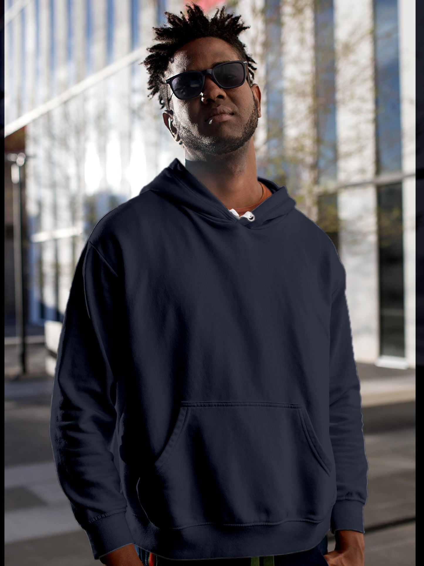 Front view of Fighterhero Men's Navy Blue Hoodie Sweatshirt, highlighting the modern look and clean finish