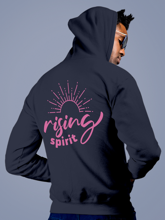 Fighterhero Hoodie Collection: Model wearing Men's Navy Blue Hoodie Sweatshirt with 'Rising Spirit' design