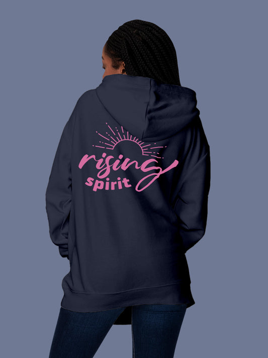 Model wearing Women's Navy Blue Hoodie Sweatshirt with 'Rising Spirit' design, offering effortless style and premium comfort