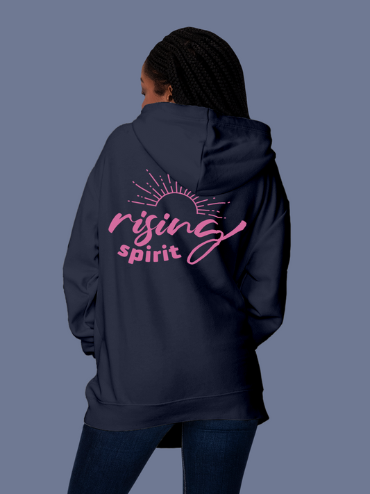 Fighterhero Hoodie Collection: Model wearing Women's Navy Blue Hoodie Sweatshirt with 'Rising Spirit' design