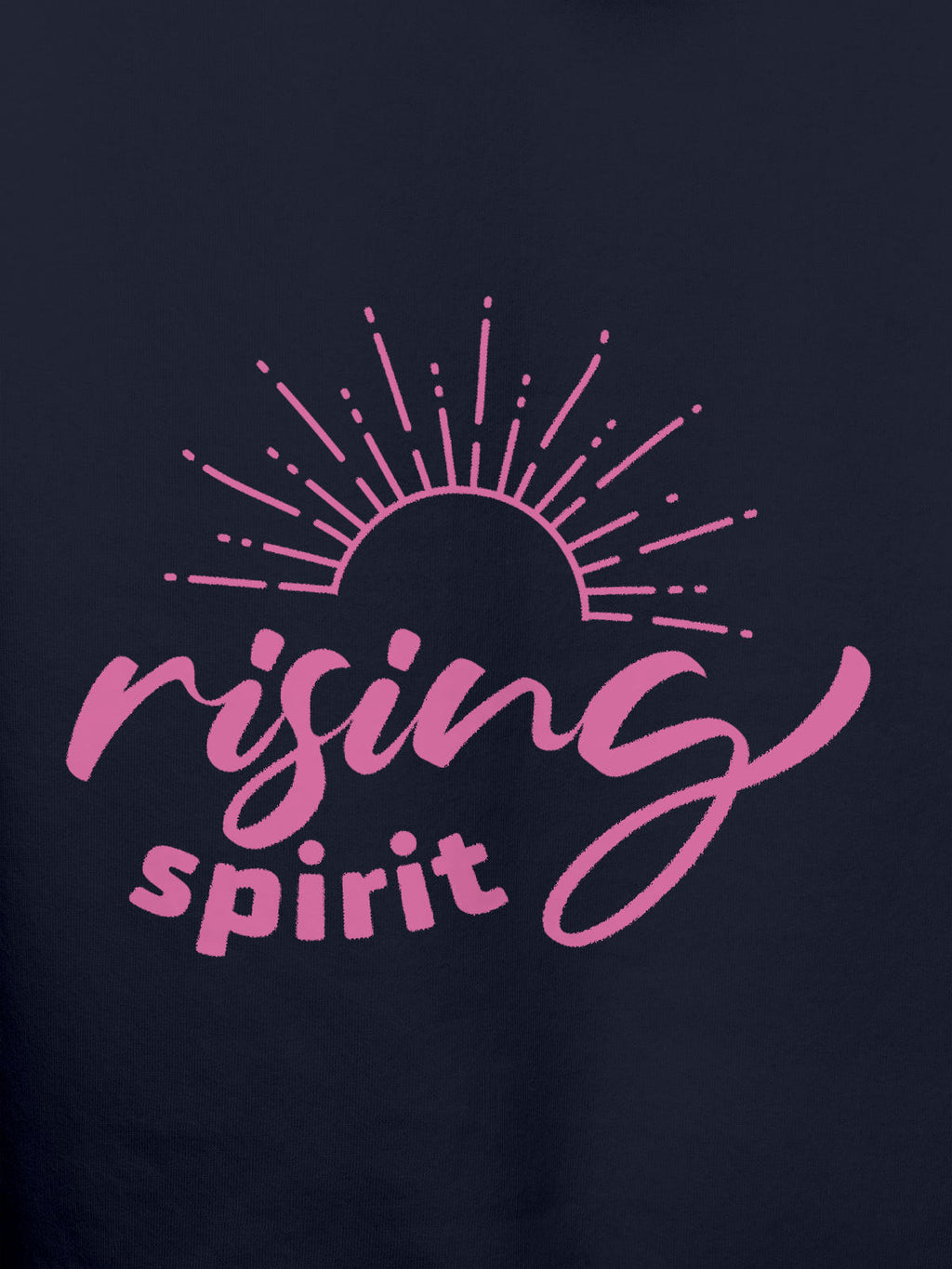 Close up of 'Rising Spirit' design on Women's Navy Blue Hoodie Sweatshirt, highlighting intricate details and vibrant print.