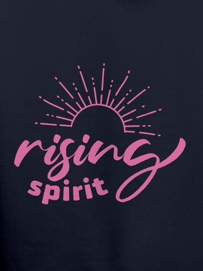 Close up of 'Rising Spirit' design on Women's Navy Blue Hoodie Sweatshirt, highlighting intricate details and vibrant print.