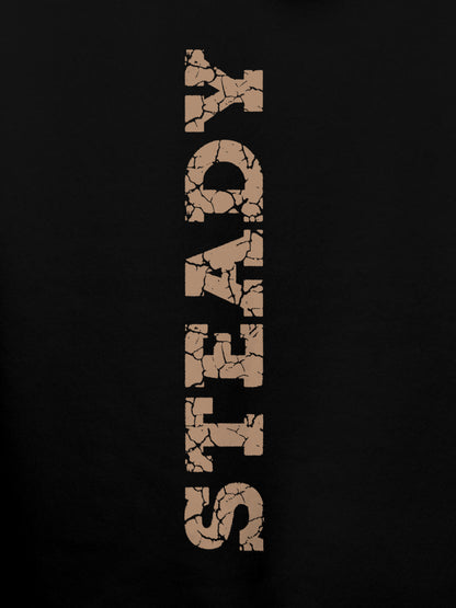 Close up of 'Steady' design on Men's Black Hoodie Sweatshirt, highlighting intricate details and vibrant print.
