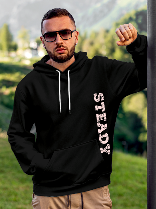 Fighterhero Hoodie Collection: Model wearing Men's Black Hoodie Sweatshirt with 'Steady' design