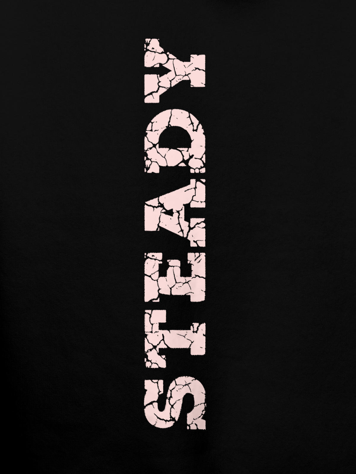 Close up of 'Steady' design on Men's Black Hoodie Sweatshirt, highlighting intricate details and vibrant print.