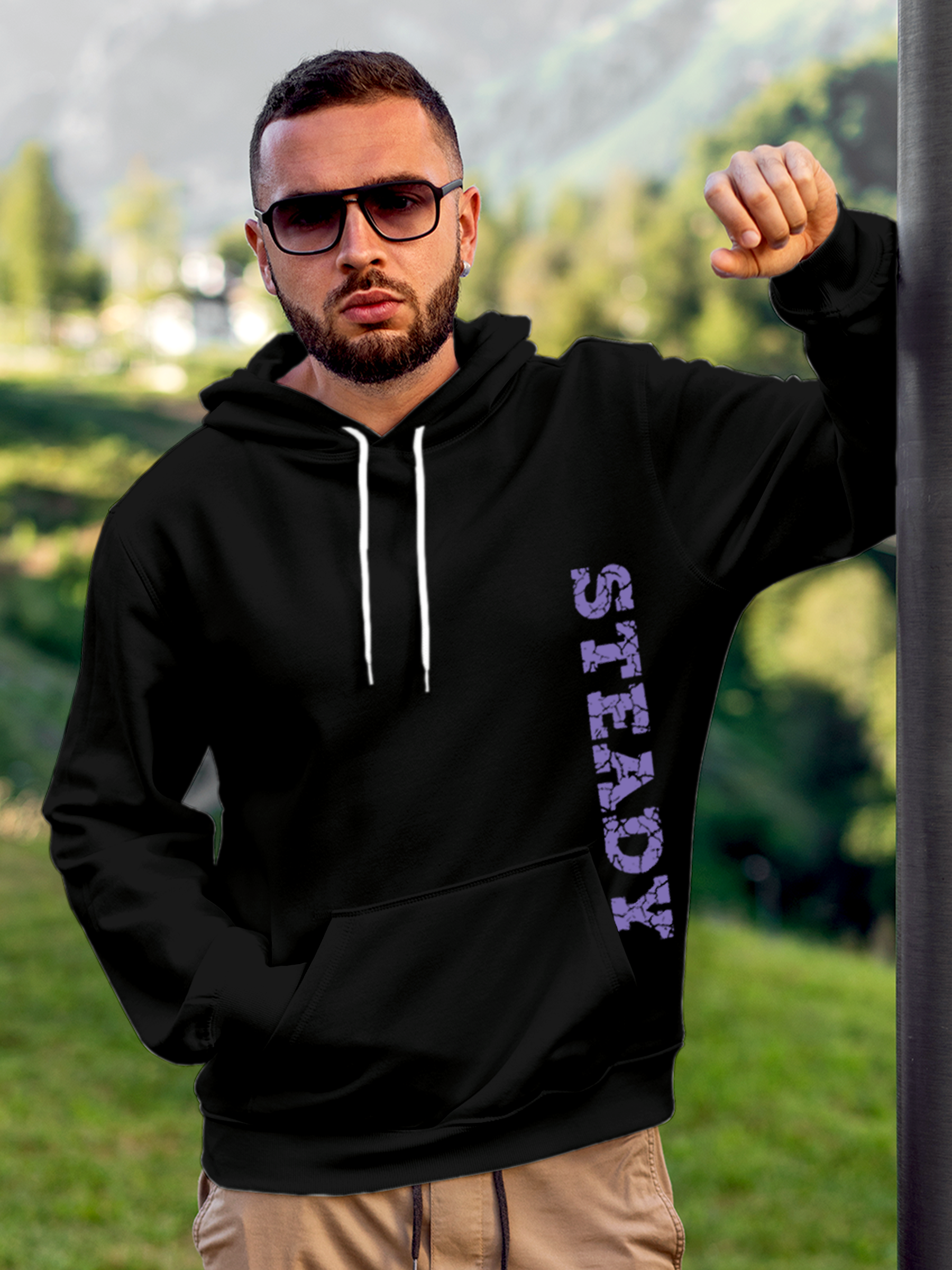 Model wearing Men's Black Hoodie Sweatshirt with 'Steady' design, offering effortless style and premium comfort
