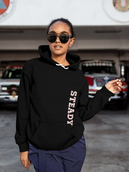 Fighterhero Hoodie Collection: Model wearing Women's Black Hoodie Sweatshirt with 'Steady' design