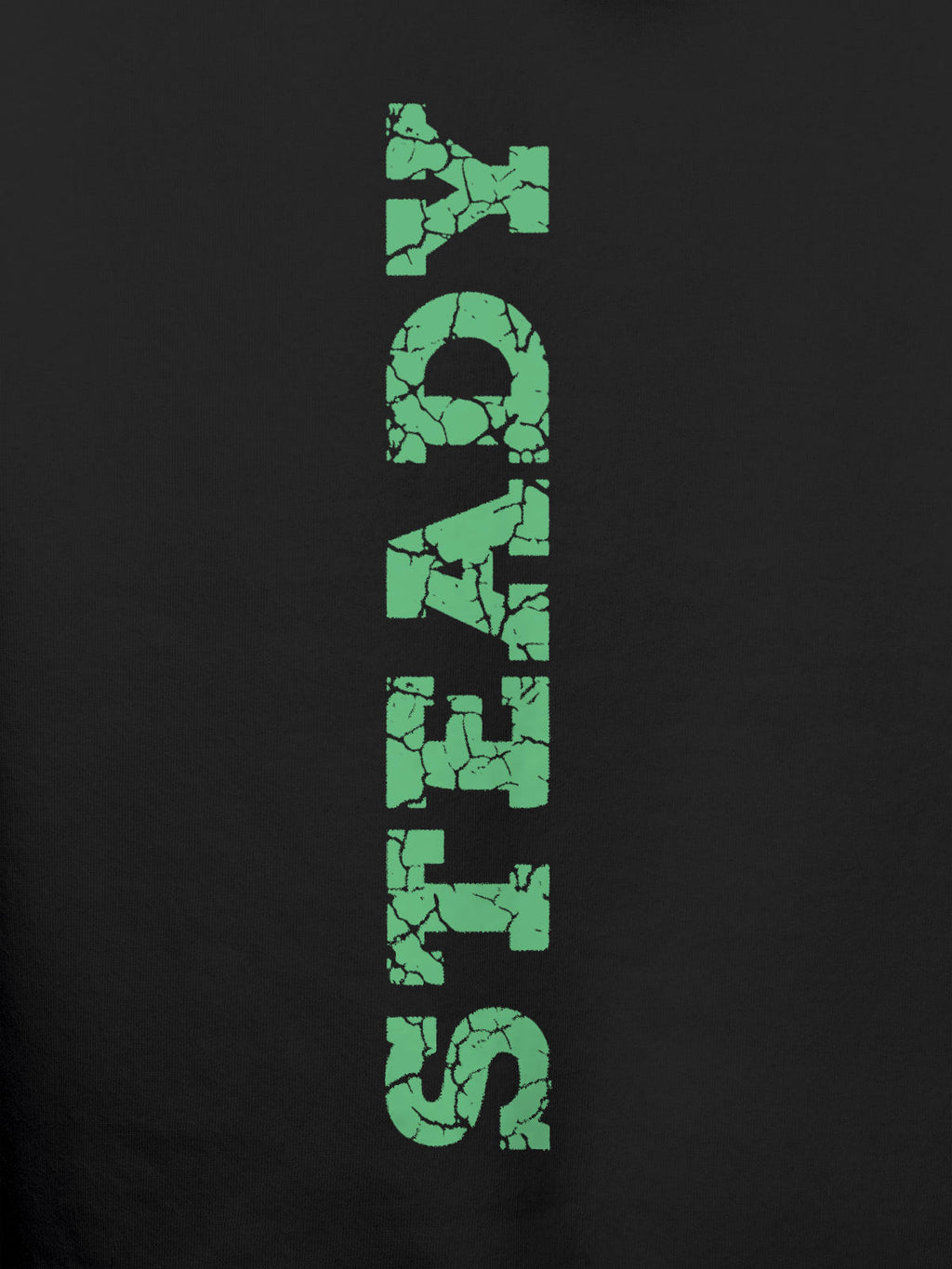 Close up of 'Steady' design on Men's Dark Grey Hoodie Sweatshirt, highlighting intricate details and vibrant print.