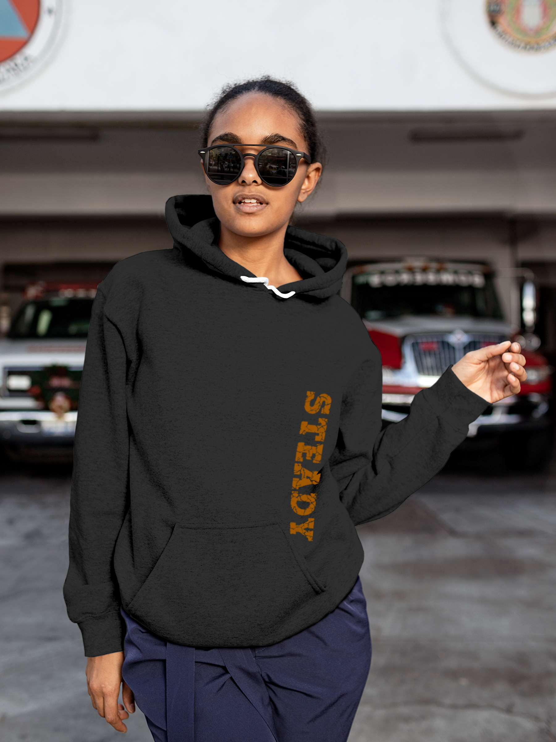 Model wearing Women's Charcoal Grey Hoodie Sweatshirt with 'Steady' design, offering effortless style and premium comfort