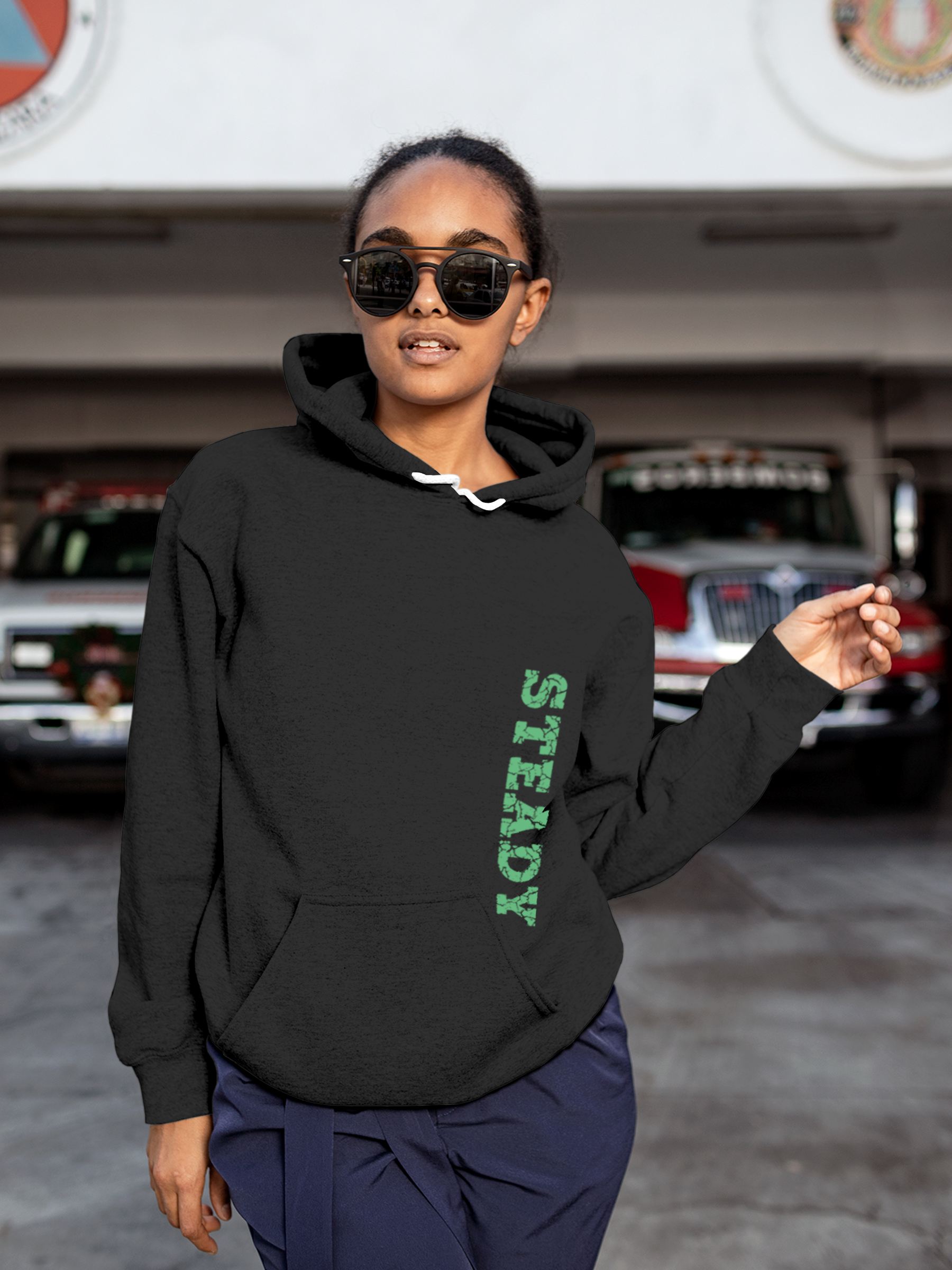 Model wearing Women's Charcoal Grey Hoodie Sweatshirt with 'Steady' design, offering effortless style and premium comfort