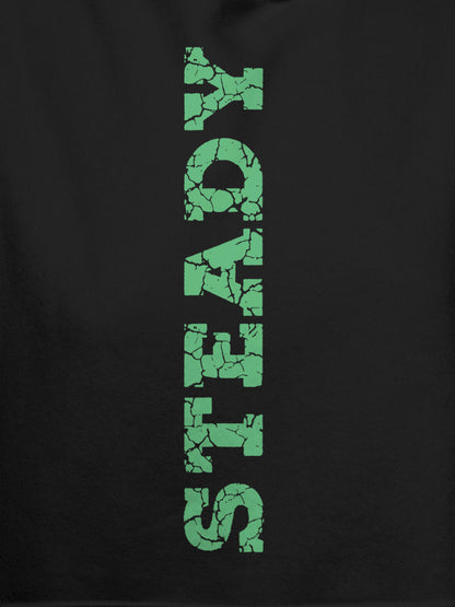 Close up of 'Steady' design on Women's Dark Grey Hoodie Sweatshirt, highlighting intricate details and vibrant print.
