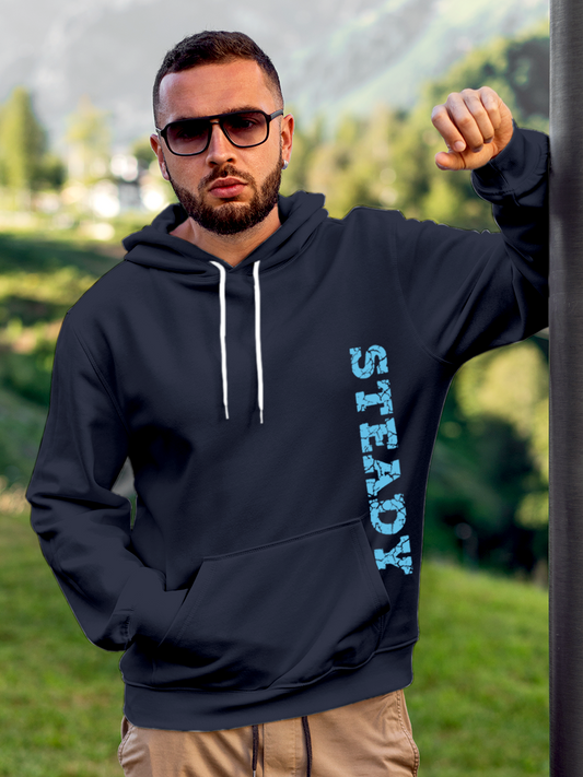 Fighterhero Hoodie Collection: Model wearing Men's Navy Blue Hoodie Sweatshirt with 'Steady' design