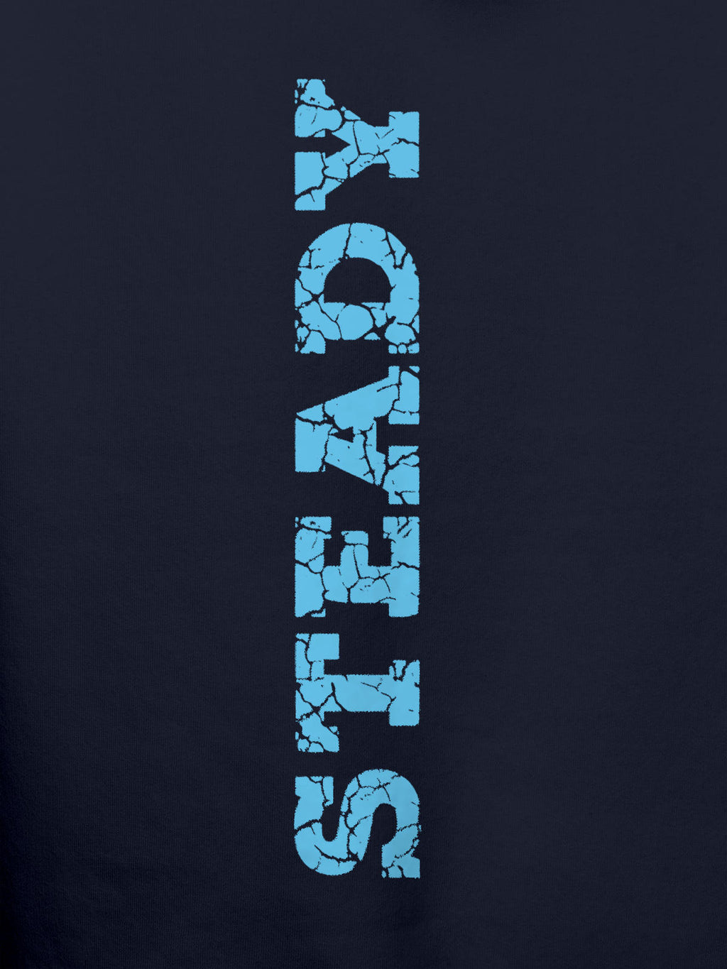 Close up of 'Steady' design on Men's Navy Blue Hoodie Sweatshirt, highlighting intricate details and vibrant print.
