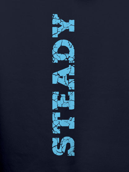 Close up of 'Steady' design on Men's Navy Blue Hoodie Sweatshirt, highlighting intricate details and vibrant print.