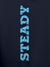 Close up of 'Steady' design on Men's Navy Blue Hoodie Sweatshirt, highlighting intricate details and vibrant print.