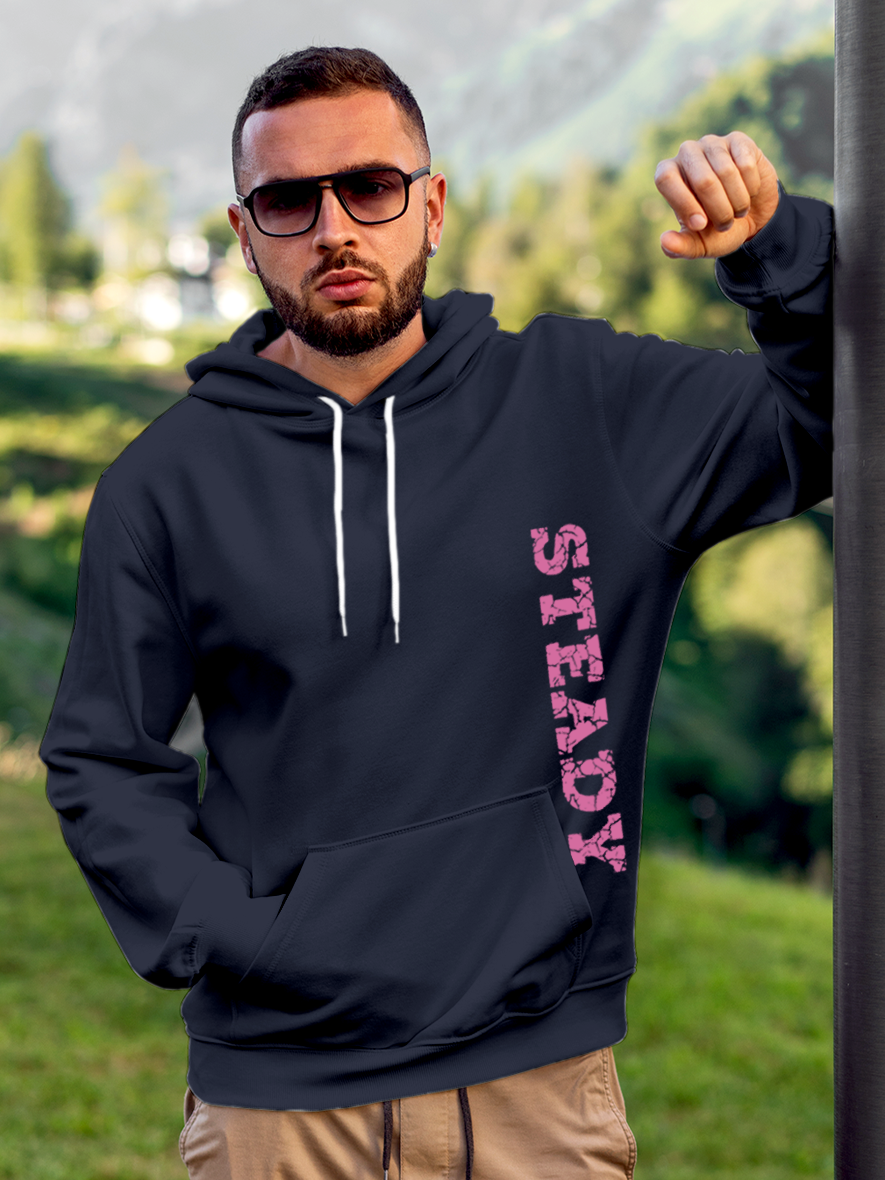 Model wearing Men's Navy Blue Hoodie Sweatshirt with 'Steady' design, offering effortless style and premium comfort